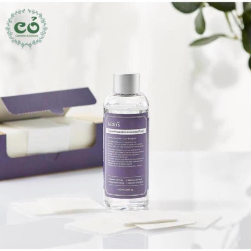 Nước hoa hồng Dear Klairs Supple Preparation Unscented Toner 180ml/Nước cân bằng Klairs dưỡng ẩm da Toner Klairs