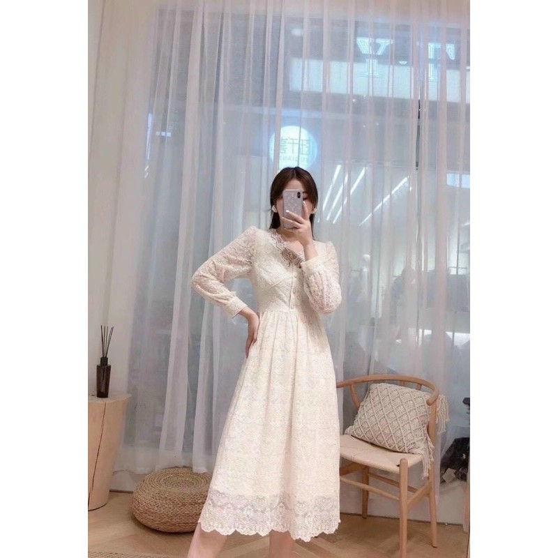 Đầm Ren Thiết Kế Hai Lớp Dáng Dài , Váy Ren Thiết Kế Cổ V Dài Tay Phong Cách Vintage | BigBuy360 - bigbuy360.vn