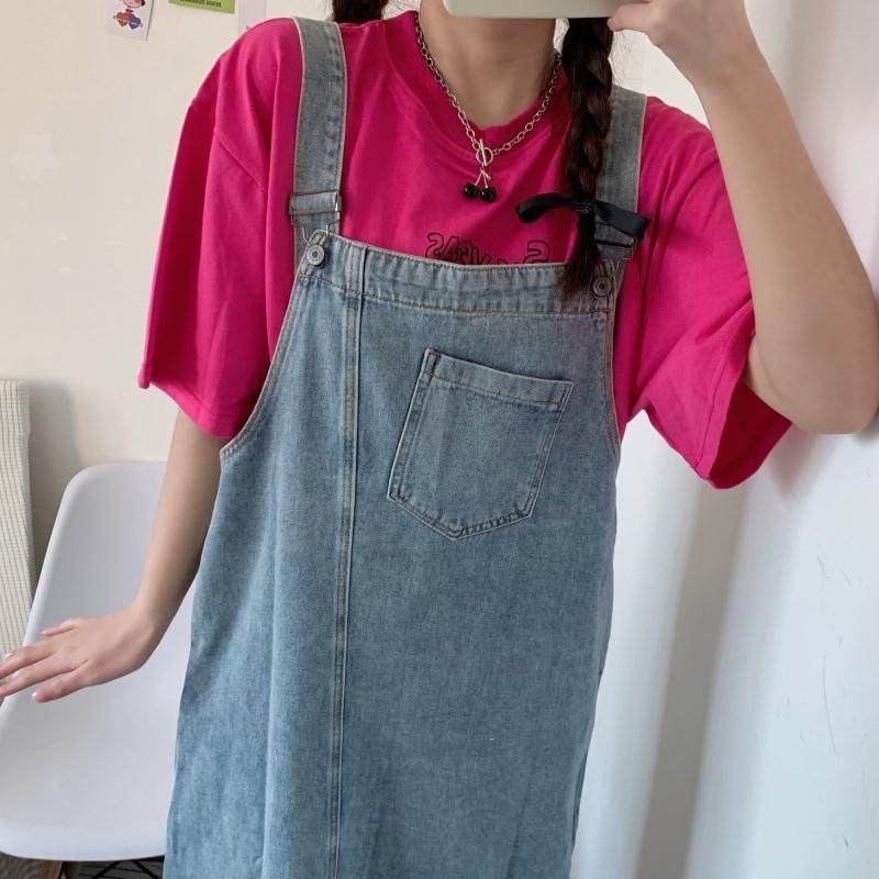 Đầm Yếm Denim Dáng Rộng Dài Qua Gối Xẻ Tà Kiểu Hàn Quốc Cổ Điển Thời Trang Mùa Hè Cho Nữ