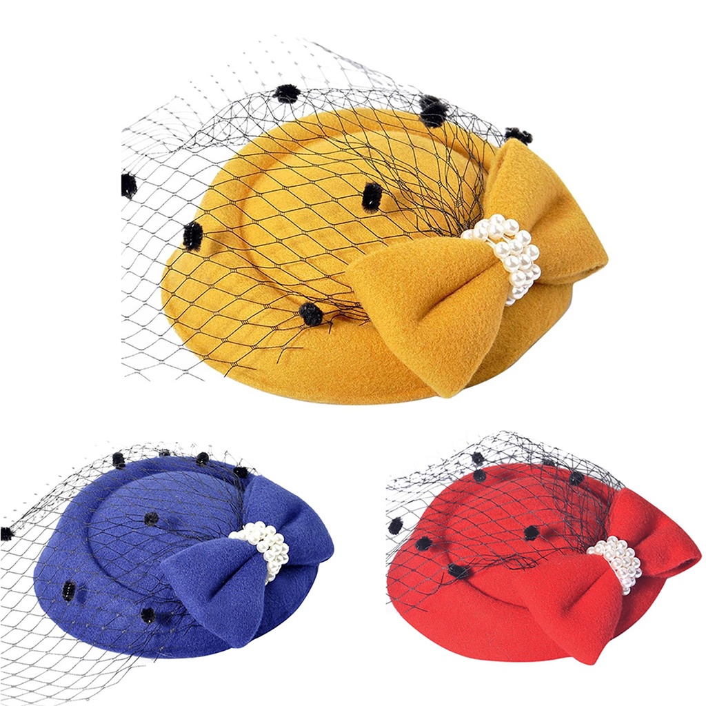 Kẹp tóc dạng mũ đính ngọc trai giả phối lưới phong cách gợi cảm Vintage cho nữ