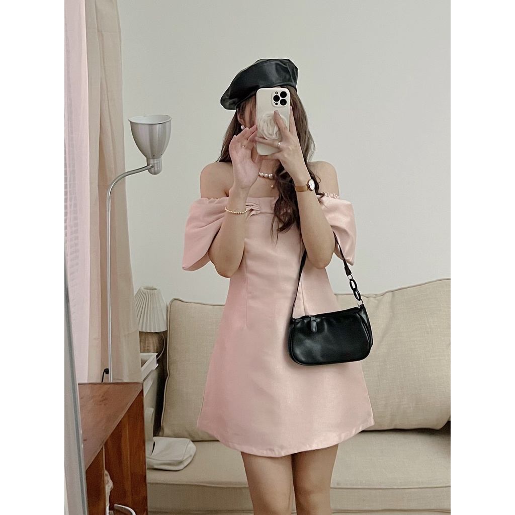 [Xả Sale] ĐẦM VÁY GẤM TRỄ VAI CHẤT NHŨ TACTA CAO CẤP SIÊU SANG NƠ NGỰC