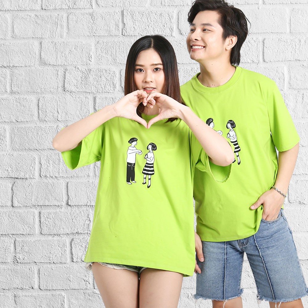 Áo thun tay lỡ phong cách unisex cổ tròn cho nam nữ in hình Đôi đẹp T9