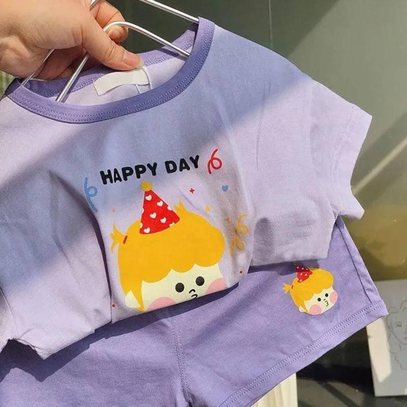 Bộ đồ 2 món gồm áo thun cotton ngắn tay + quần short mùa hè phong cách phương Tây hoạ tiết phim hoạt hình cho bé