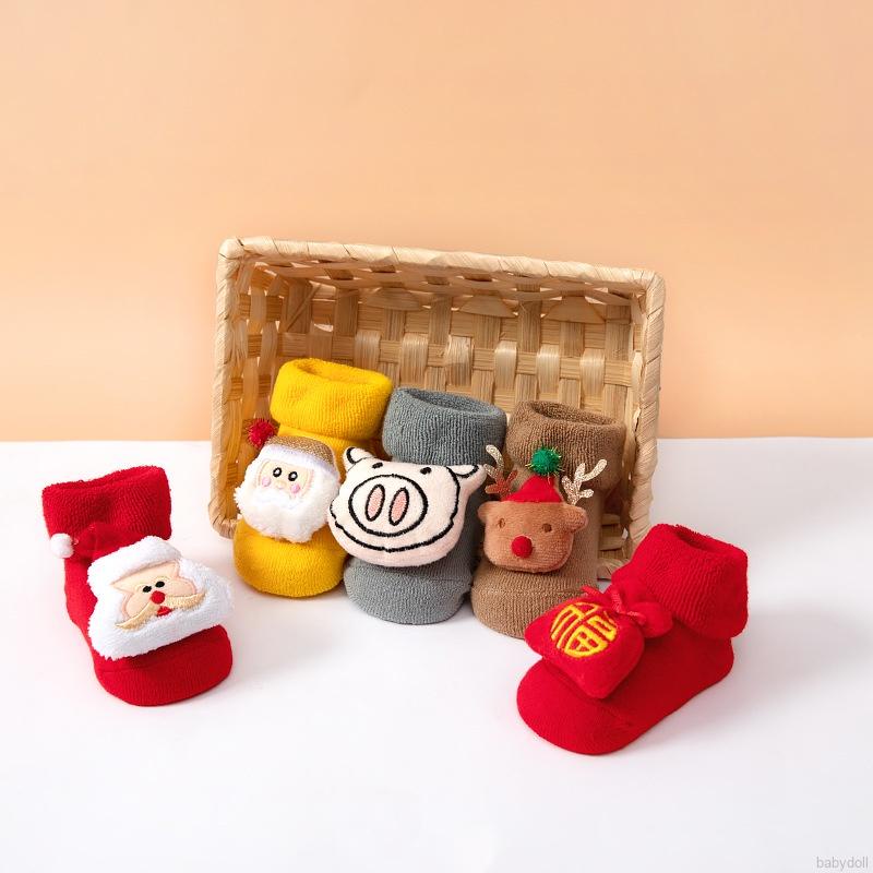 Vớ Cotton Dày Giữ Ấm Chống Trượt In Họa Tiết Hoạt Hình Giáng Sinh Cho Bé