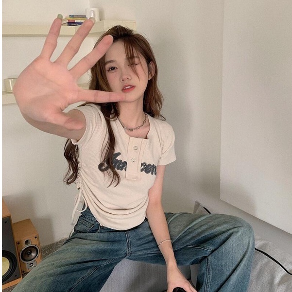 QKOOLE Áo Thun Croptop Ngắn Tay Cổ Tròn Thời Trang Hàn Quốc Cho Nữ