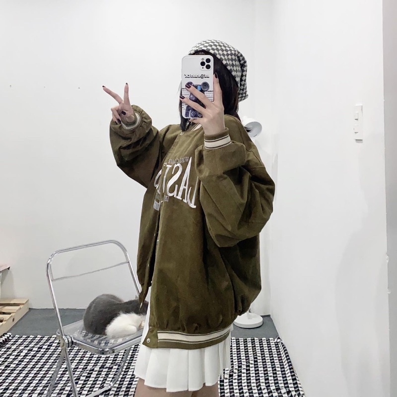Áo Khoác Varsity dáng bóng chày chất kaki thêu chữ Lasvegas