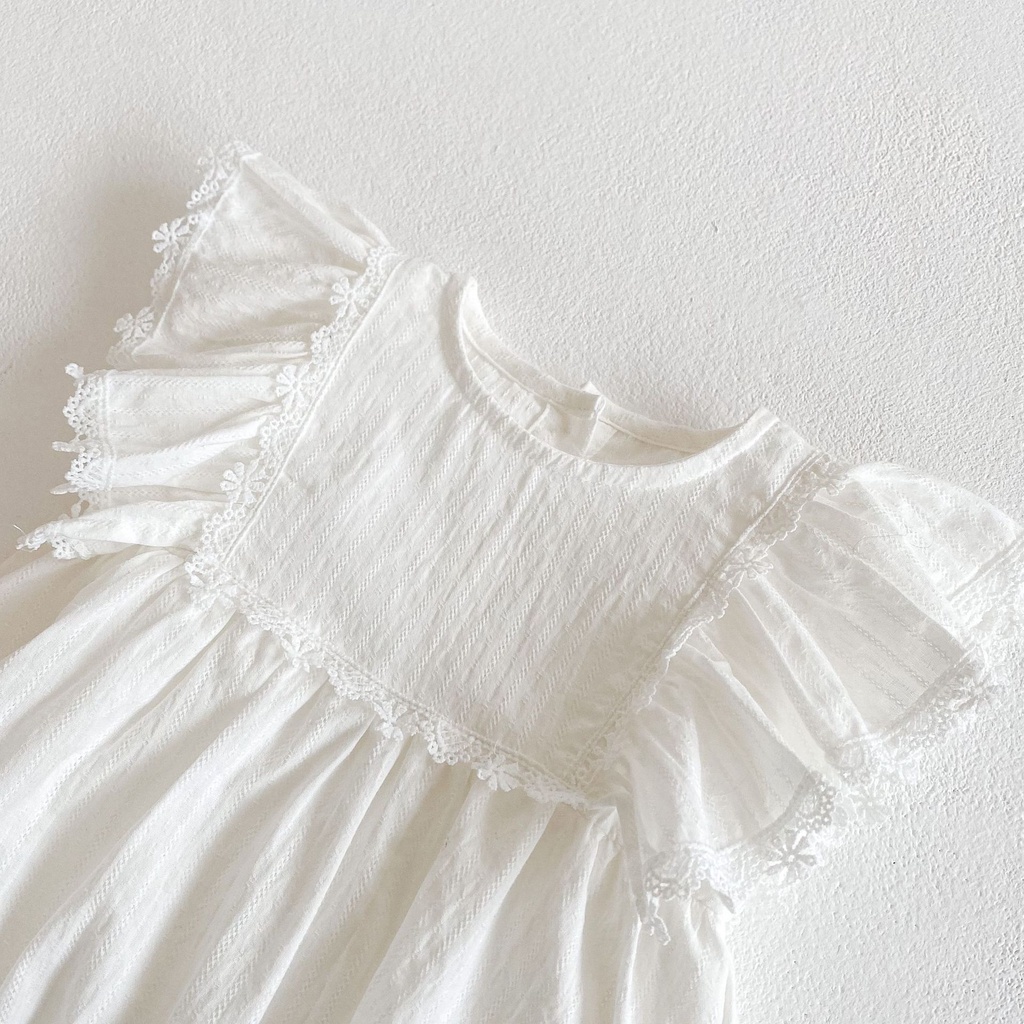 Bộ Áo Liền Quần Bằng Cotton Phối Ren Tay Áo Bay ha ha Dành Cho Bé Gái Leo Núi