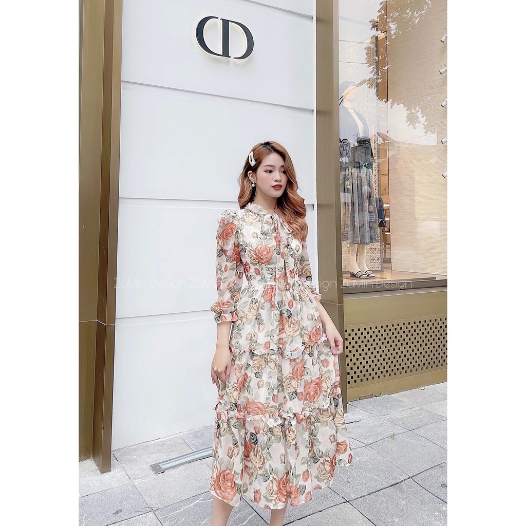 Váy 🌸 Váy Hoa Nữ dáng xòe cổ nơ thiết kế