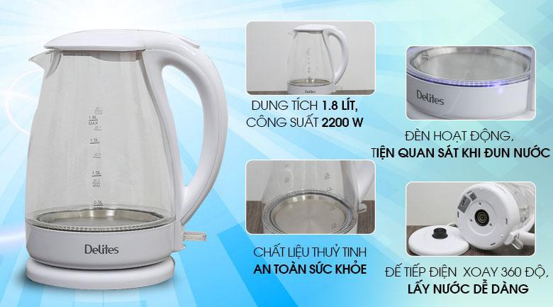 Bình siêu tốc Delites 1.8 lít ST18G02-hàng trưng bày,Bình đun siêu tốc bằng thủy tinh, màu trắng san