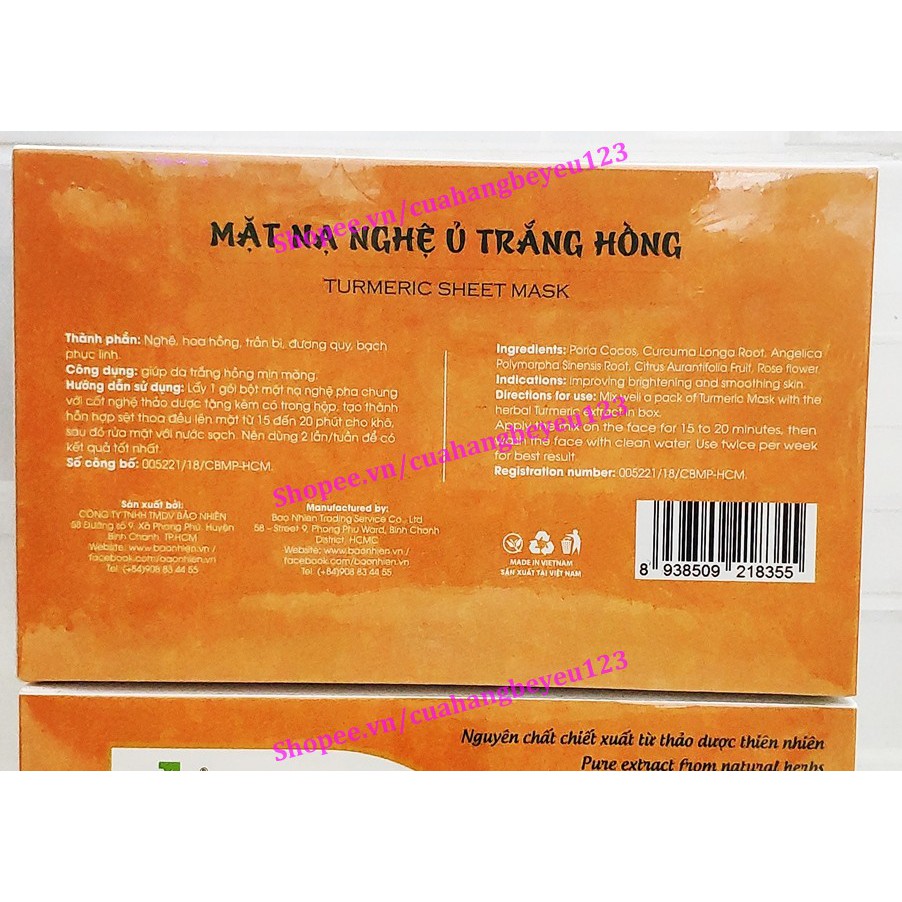 [Tặng 1 cốt nghệ hạ thổ 50ml] Hộp 10 gói mặt nạ nghệ ủ trắng hồng 50gr - Bảo Nhiên (Việt Nam)