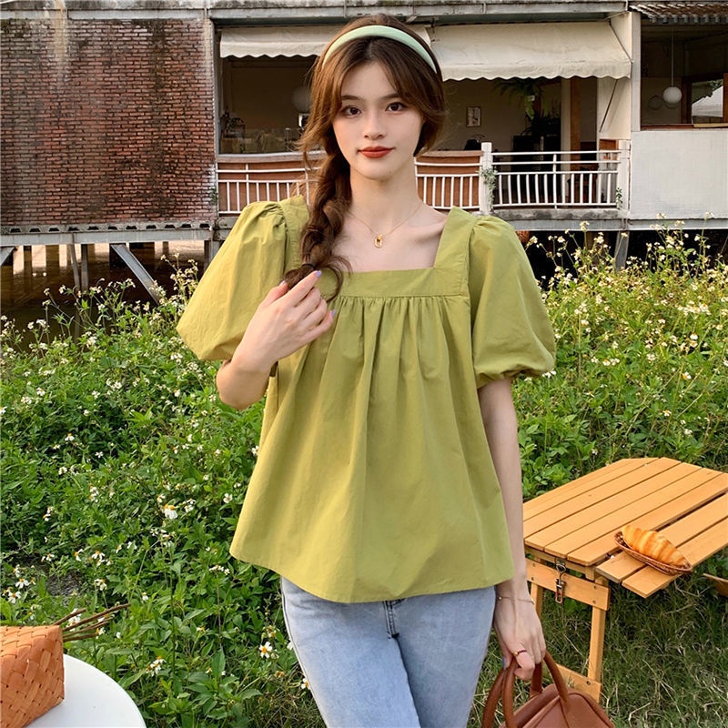 Áo Kiểu Tay Ngắn Phồng Cổ Vuông Thời Trang Xinh Xắn Cho Nữ