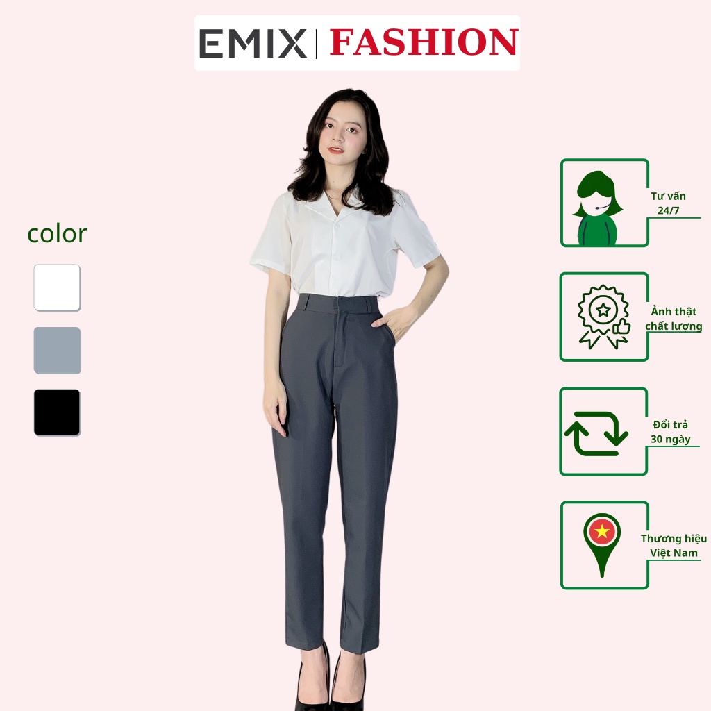 Set công sở nữ EMIX, áo sơ mi cộc tay màu trắng và quần tây màu ghi cạp cao, thiết kế cơ bản S1022
