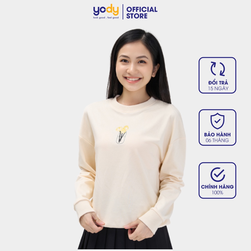 [Mã WABR2711 giảm 10% đơn 250K] Áo nỉ nữ YODY dài tay cổ tròn thêu hoa vải min không xù ATN4416 | BigBuy360 - bigbuy360.vn