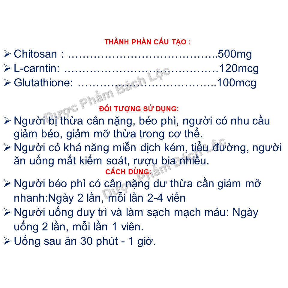 Viên Uống Giảm Béo Chitosan Hỗ Trợ Tăng Cường Chuyển Hóa Chất Béo, Giúp Giảm Béo An Toàn Hiệu Quả- Hộp 60 viên