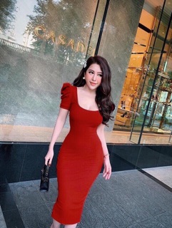 Đầm body trơn tay phồng