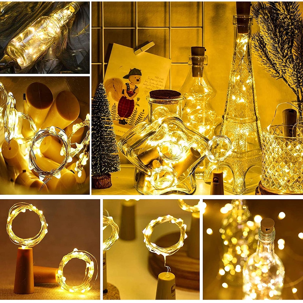 Đèn chai rượu bằng nút chai ánh sáng đầy sao chạy bằng pin  2M 20 LED dây đồng bạc hình nút chai dùng để trang trí tiệc giáng sinh tiệc cưới Halloween màu trắng ấm áp