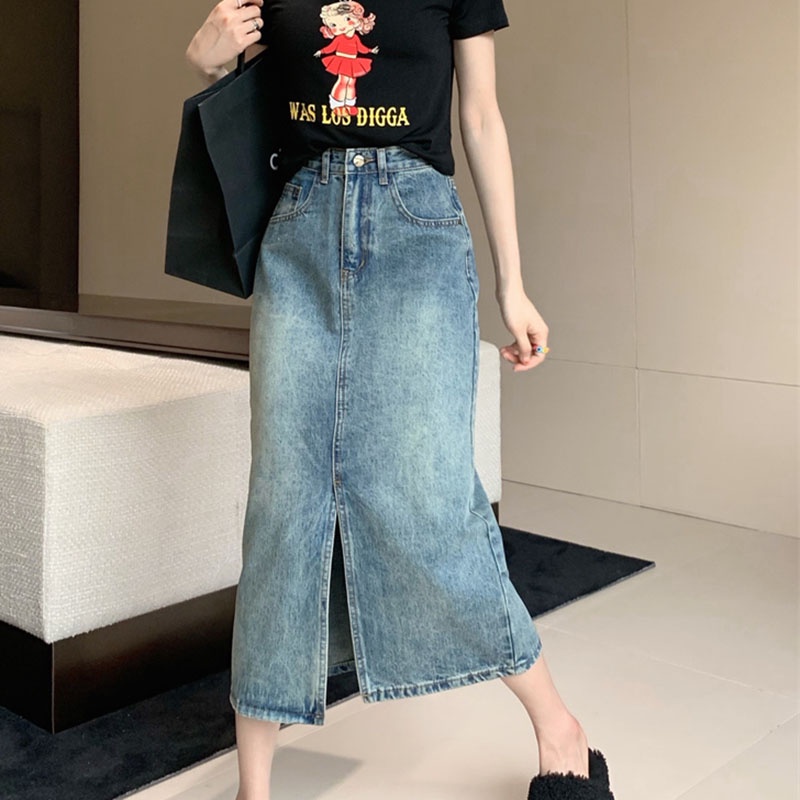 Chân váy jean IELGY dáng chữ A lưng cao phong cách retro dành cho nữ