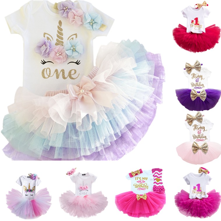 Set bộ áo liền quần họa tiết kì lân + chân váy xòe + băng đô dễ thương dành cho bé gái 1 tuổi