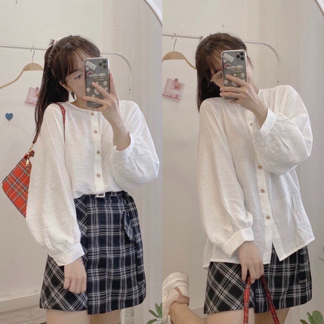 [Mã FAMARAL2 giảm 10K đơn 50K] [Ảnh thật] Áo sơ mi đũi cúc nâu tay phồng ulzzang