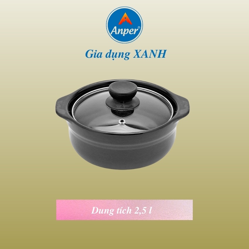 Nồi Đất Lòng Sâu 2.5 Lít Anper Nắp Kính Tráng Men Chống Dính , Kho Cá Kho Thịt Kiểu Dáng Hiện Đại , nồi đất nấu mì cay