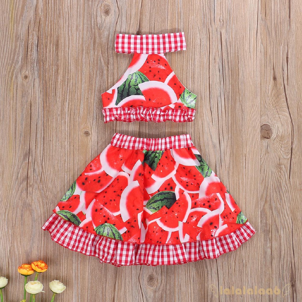 Bộ 2 Món Áo Croptop + Chân Váy Mini Họa Tiết Dưa Hấu Xinh Xắn Cho Bé Gái