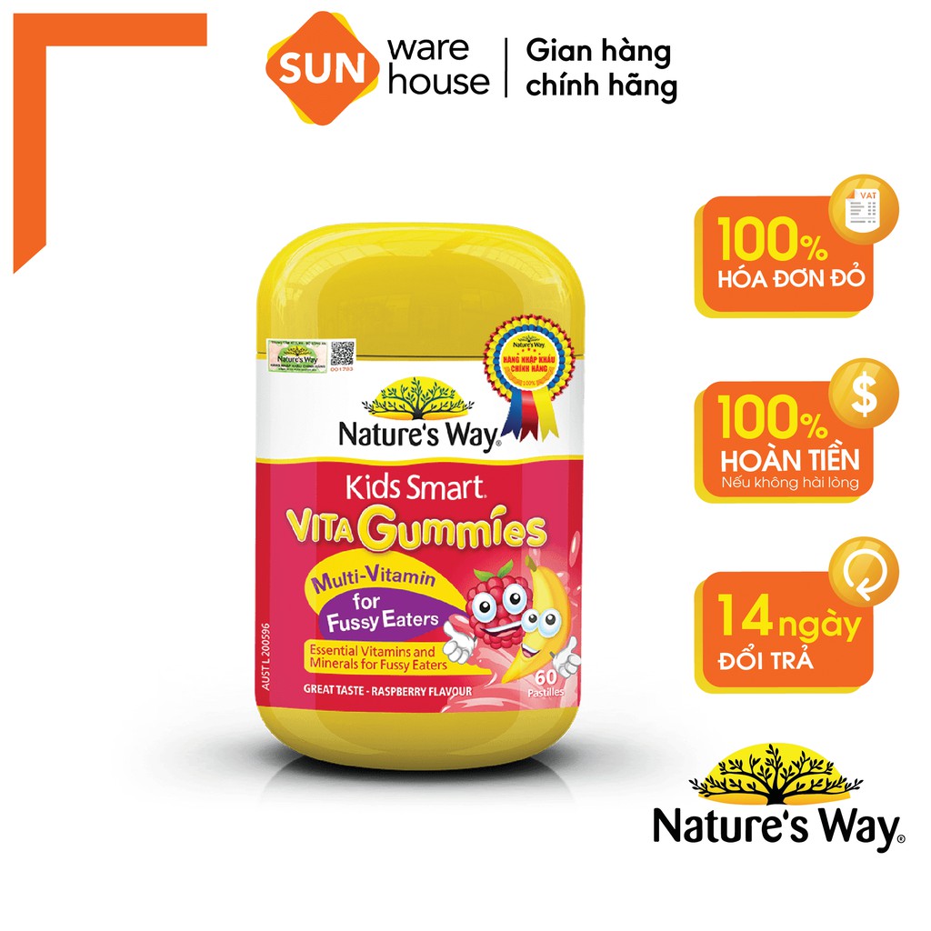 Kẹo Dẻo Cho Bé Nature's Way Kids Smart Vita Gummies Multi Vitamin for Fussy Eaters Kích Thích Ăn Ngon 60 Viên