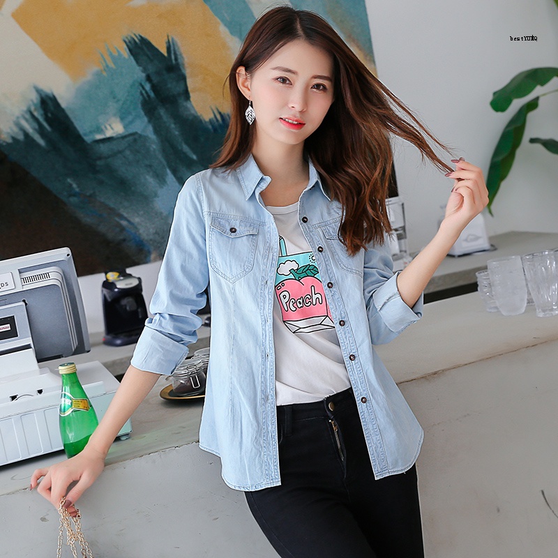 Áo Sơ Mi Denim Tay Dài Dáng Ôm Phong Cách Hàn Quốc Thời Trang Xuân Thu Mới Cho Nữ 2022