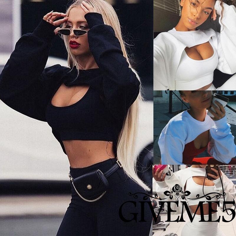 Fashion Women Long Lantern Sleeve T-shirt Hollow Casual Crop Tops