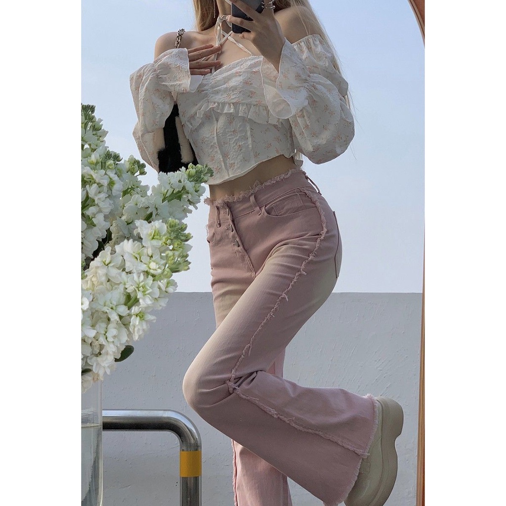 Pink micro jeans women's 2022 summer new high waist slim and thin edge design spicy girls bell bottoms