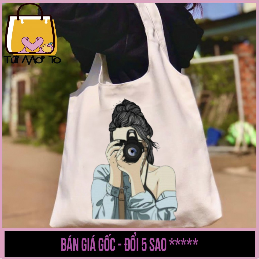 Túi tote vải canvas quai tròn có khóa kéo in hình cô gái cầm máy ảnh - Túi Mơ To store