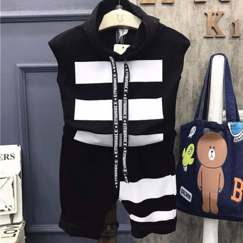 Bộ thể thao bé trai Binbon kids, đồ bộ quần áo bé trai chất cotton in hình kẻ sọc ba vạch cho bé từ 7-27kg