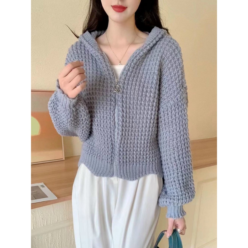 ÁO LEN NỮ,ÁO KHOÁC LEN SỢI TAY DÀI CÓ MŨ TÀ ÁO GƠN SÓNG SIÊU XINH