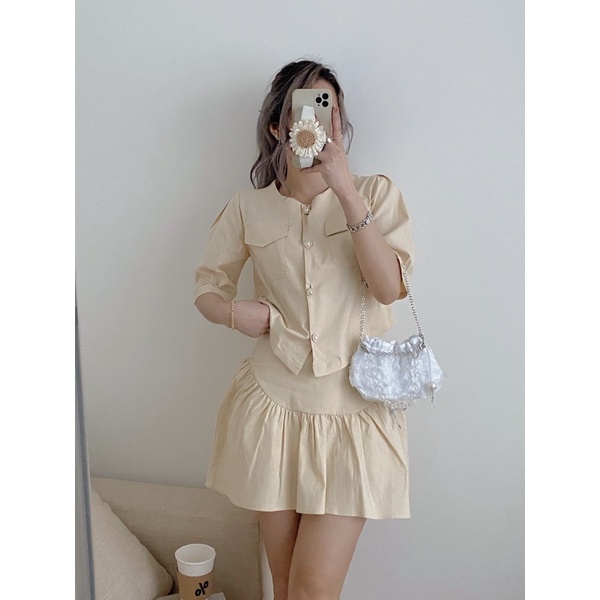 Set áo cổ tròn tay bồng mix chân váy đuôi cá