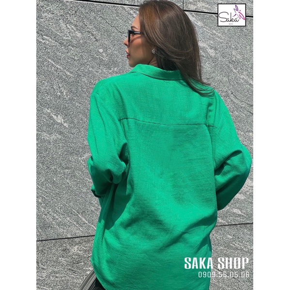 Áo sơ mi nữ xanh lá cây tay dài lụa đũi lạnh