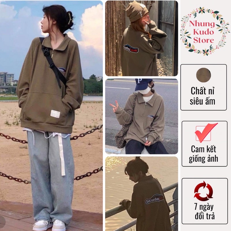 Áo nỉ cổ polo bẻ dài tay thu đông dành cho nữ in chữ Saturday trẻ trung năng động