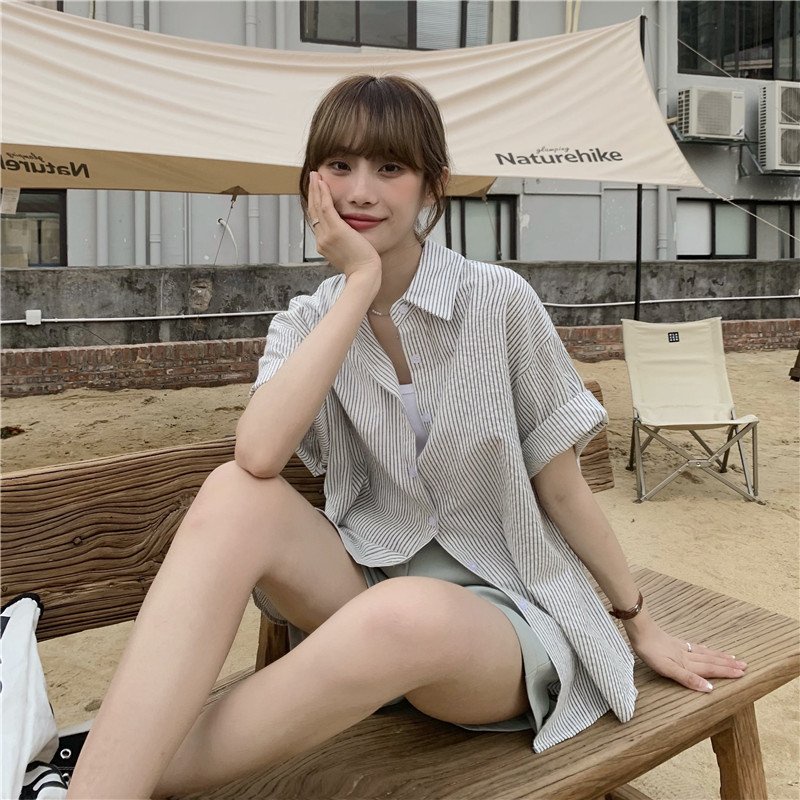 Áo Sơ Mi Kẻ Cộc Tay Nữ Vải Kate 🦋 Áo Somi Nữ Ulzzang Dáng Dài 2 Màu 🦋 | BigBuy360 - bigbuy360.vn