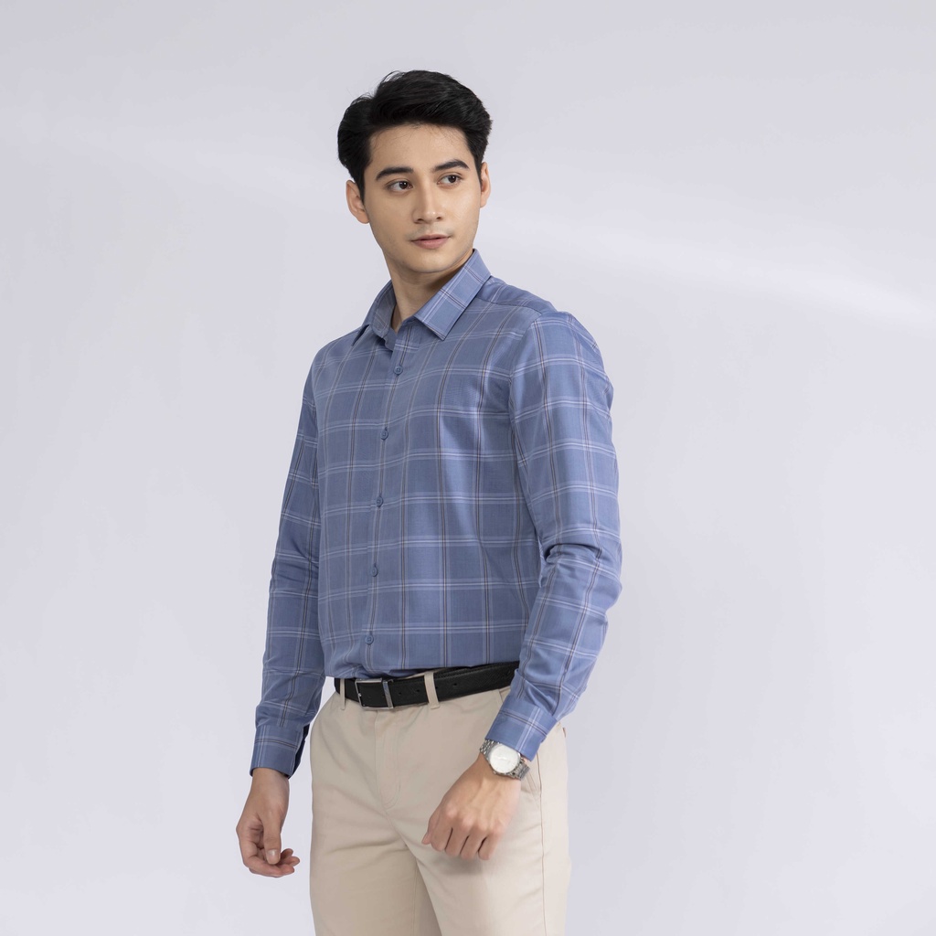 Áo sơ mi dài tay nam Aristino phom slim fit, thiết kế tà lượn, màu xanh kẻ dệt nổi bật - ALS43102
