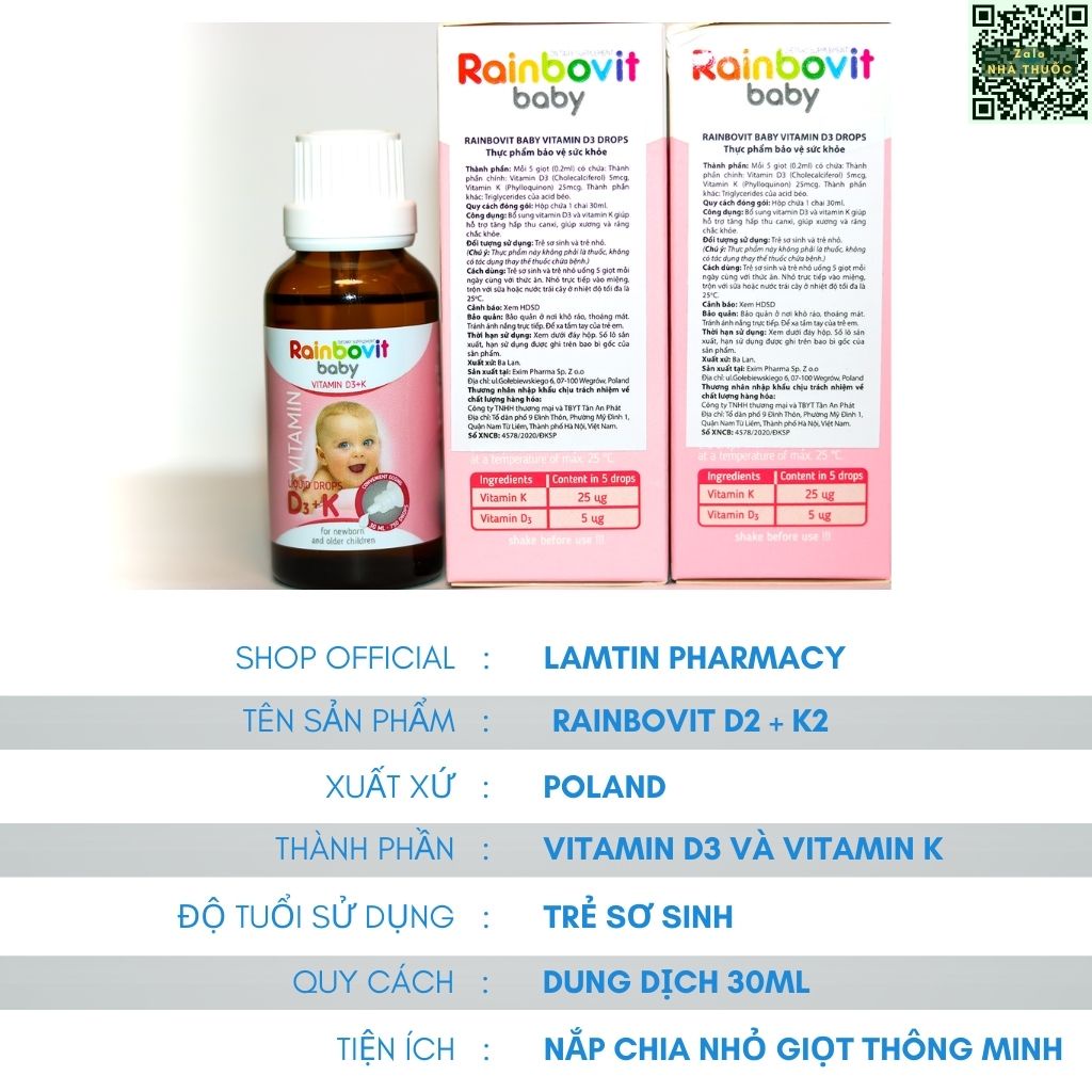 RAINBOVIT BABY VITAMIN D3 + K  HÀNG CHÍNH HÃNG  BA LAN AN TOÀN CHO TRẺ SƠ SINH ( LỌ 30ml )