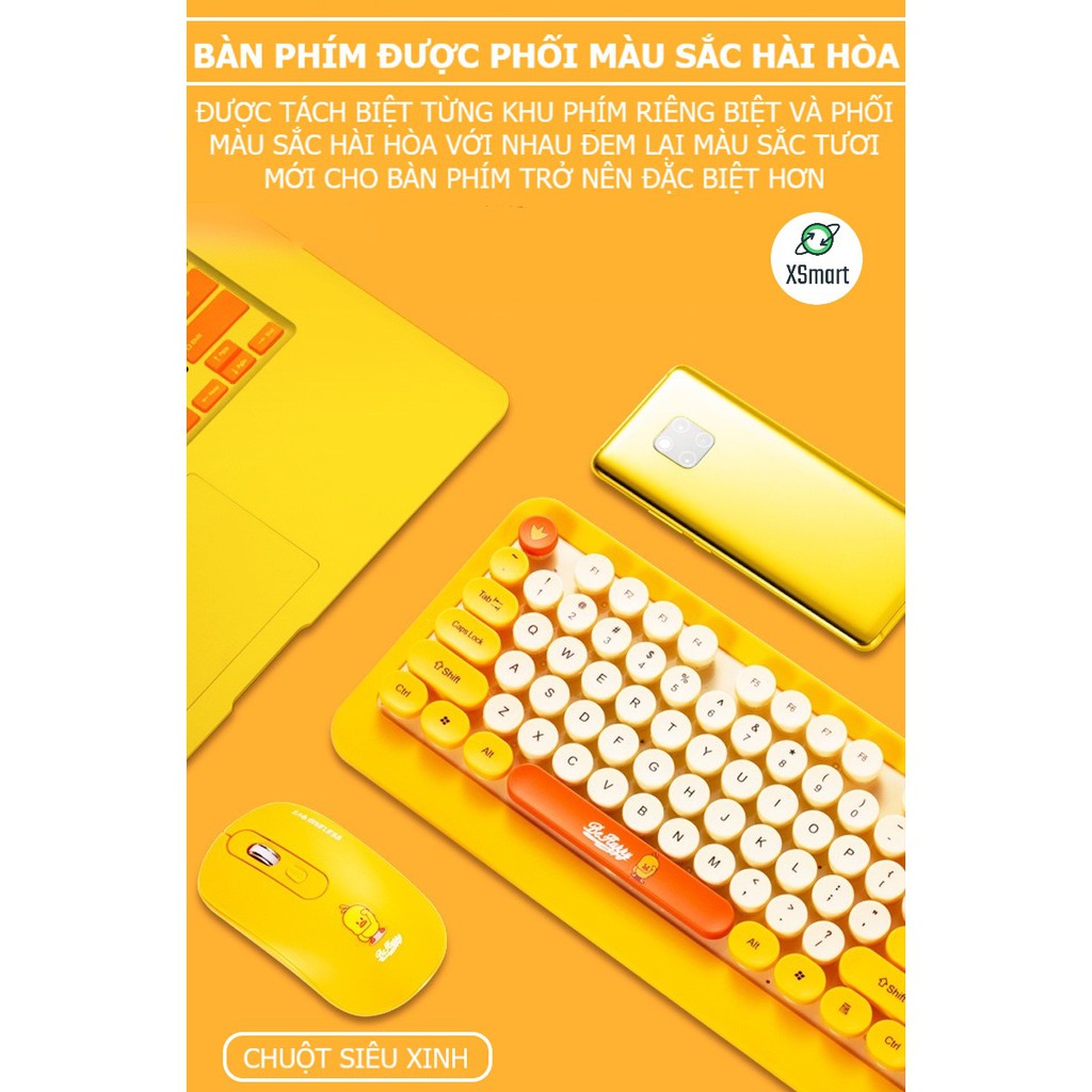 Bộ bàn phím và chuột không dây Siêu Xinh thời trang K68 màu vàng xanh sặc sỡ tương thích máy tính, laptop, pc