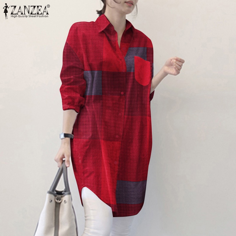 Áo sơ mi Zanzea tay dài dáng rộng cổ bẻ kẻ sọc caro trẻ trung hợp thời trang dành cho nữ