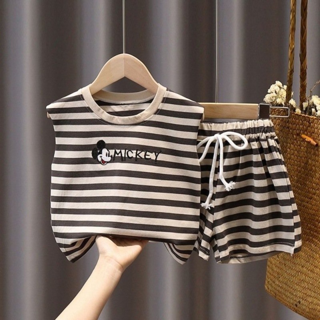 Bộ sát nách cho bé binbon kids, bộ ba lỗ cho bé trai bé gái chất thun cotton kẻ ngang Mickey cho bé từ 7-25kg