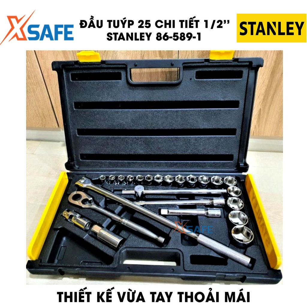 Đầu tuýp bộ 1/2 INCH 25 chi tiết STANLEY 86-589-1 thép CR-V cao cấp Đầu tiếp Stanley phủ lớp chống gỉ sét, độ bền cao