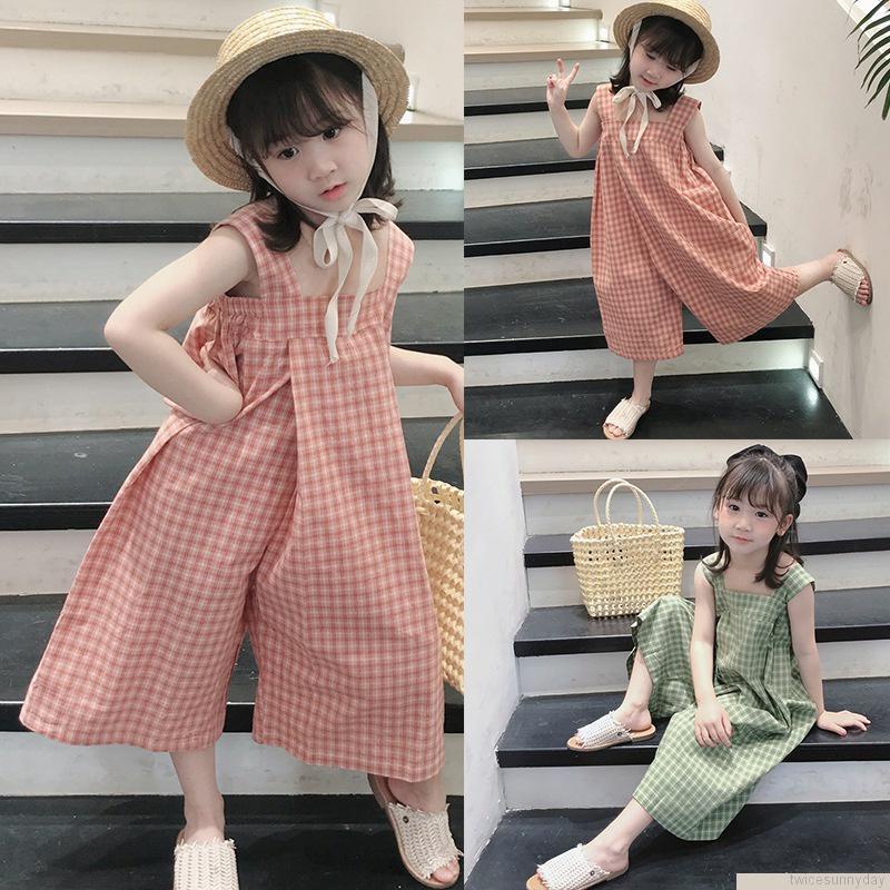 Bộ áo liền quần mùa hè in họa tiết caro phong cách Hàn Quốc dễ thương cho bé gái