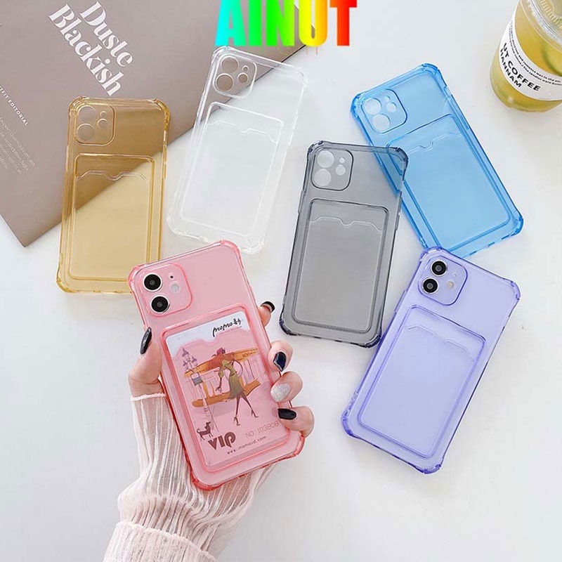 Ốp Điện Thoại TPU Mềm Trong Suốt Chống Bụi Chống Sốc Màu Trơn Có Ngăn Đựng Thẻ Cho iPhone7 8 Plus 11 12 Pro Max X XS XR XSMAX