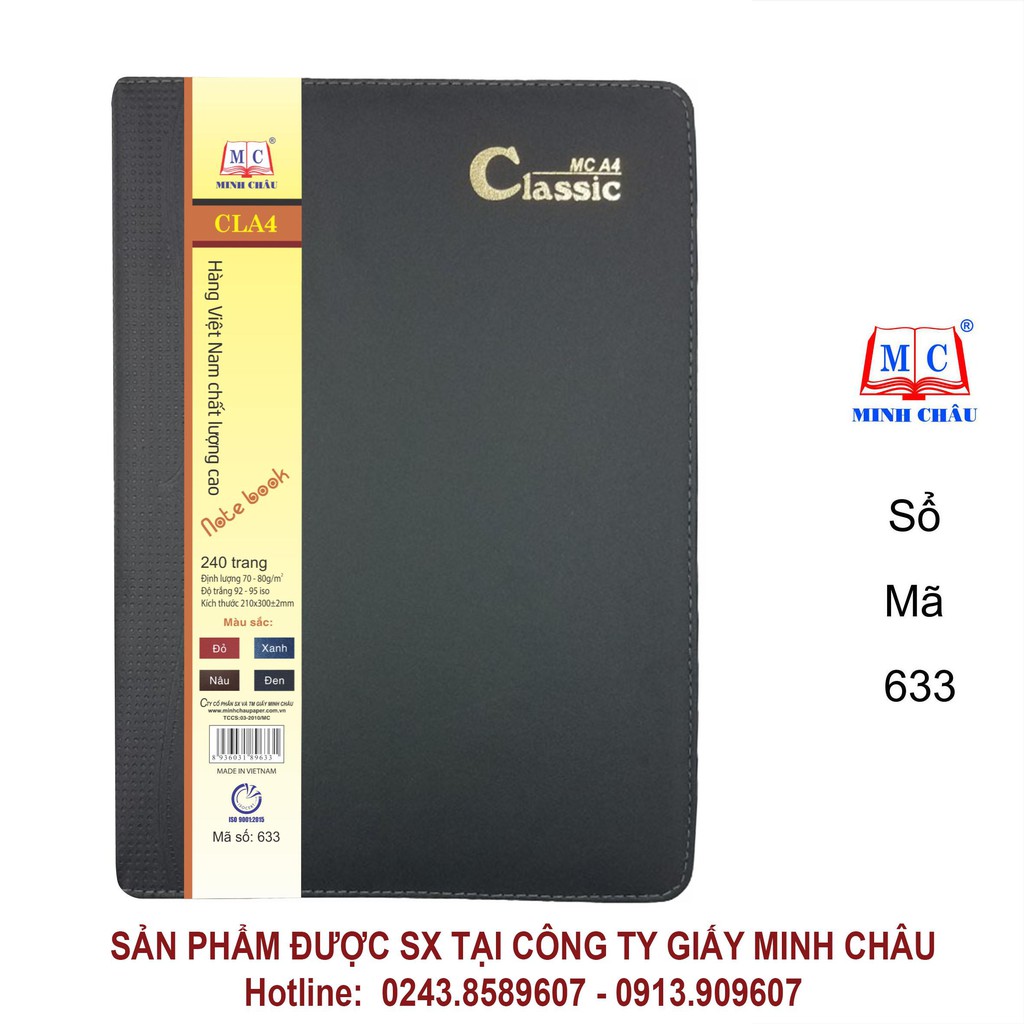 Sổ Classic A4 Minh Châu bìa da có đệm mút và may viền bền đẹp, sang trọng, 4 màu, 3 loại số trang (633-634-636)
