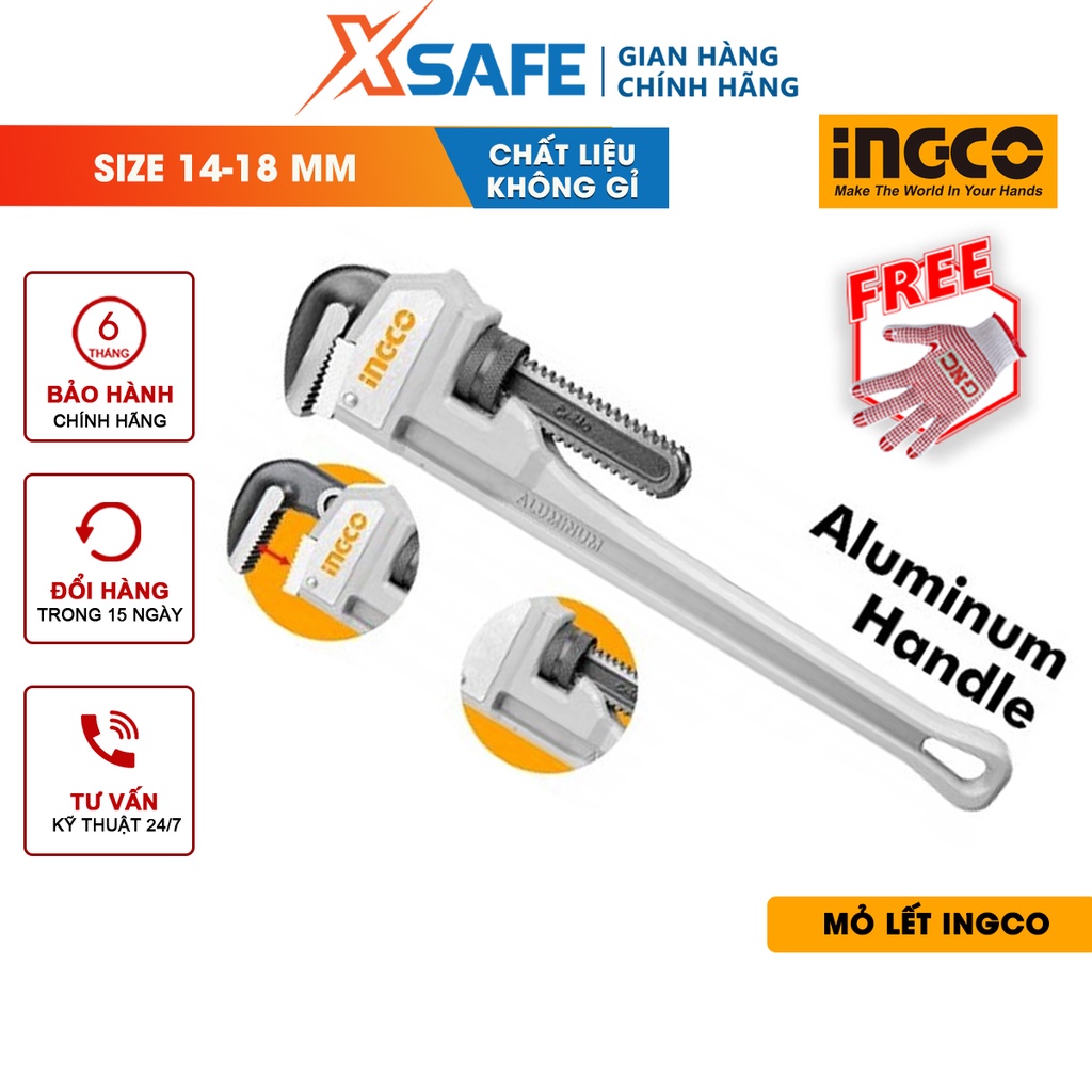 Mỏ lết mở ống chuyên dùng tay nhôm INGCO thép carbon chất lượng cao, đinh tán rắn, 2 kích thước 14&quot; và 18&quot;