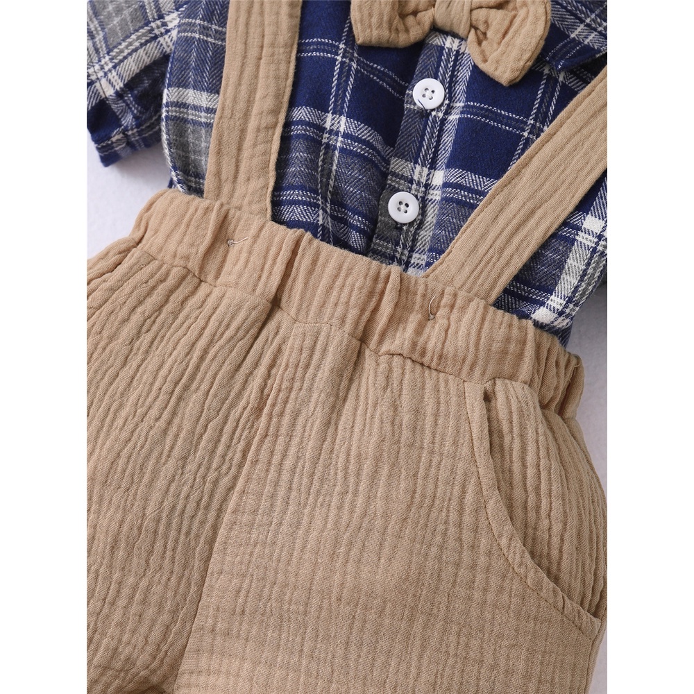 Set đồ 2 món MIKRDOO áo sơ mi tay ngắn cổ thắt nơ họa tiết ca rô và quần đùi yếm thời trang mùa hè cho bé trai sơ sinh