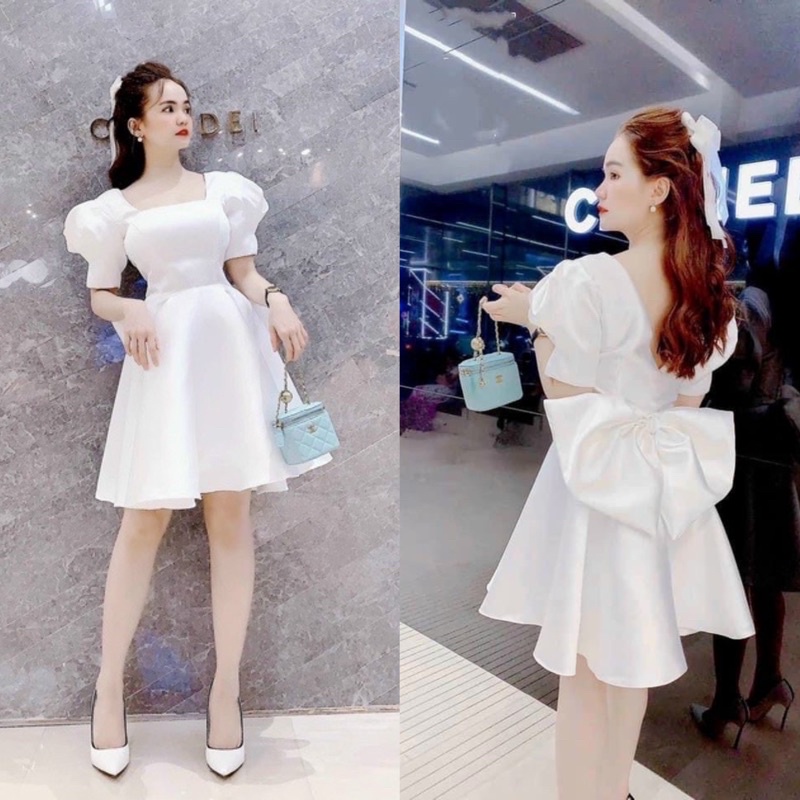 Váy Trắng Tay Phồng Cổ Vuông Xoè Nơ Lưng Bản To Dự Tiệc Chất Taffa V274 Free Size AĐ BOUTIQUE