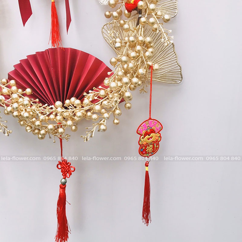 Vòng hoa đào đông vàng đã kết sẵn, vòng nguyệt quế treo tường, vòng treo cửa Tết 2022 size 43cm (VNQ0006) Lela Flower