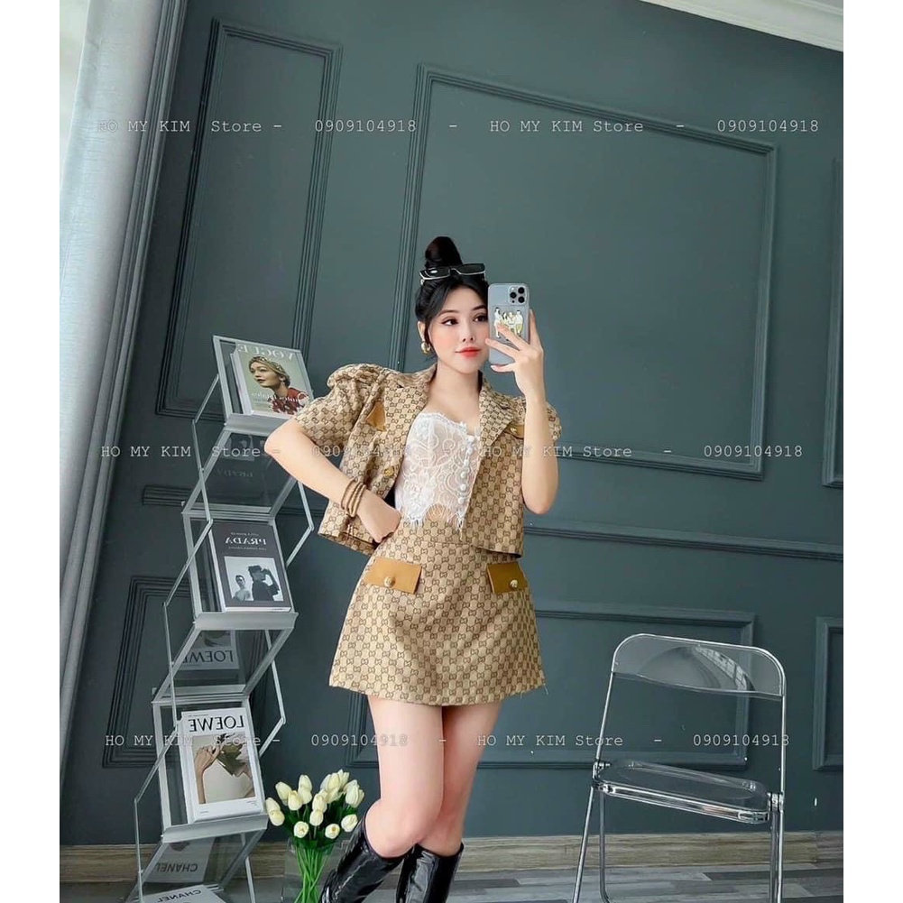 Set croptop chân váy nắp túi đồ bộ nữ họa tiết chữ NN433